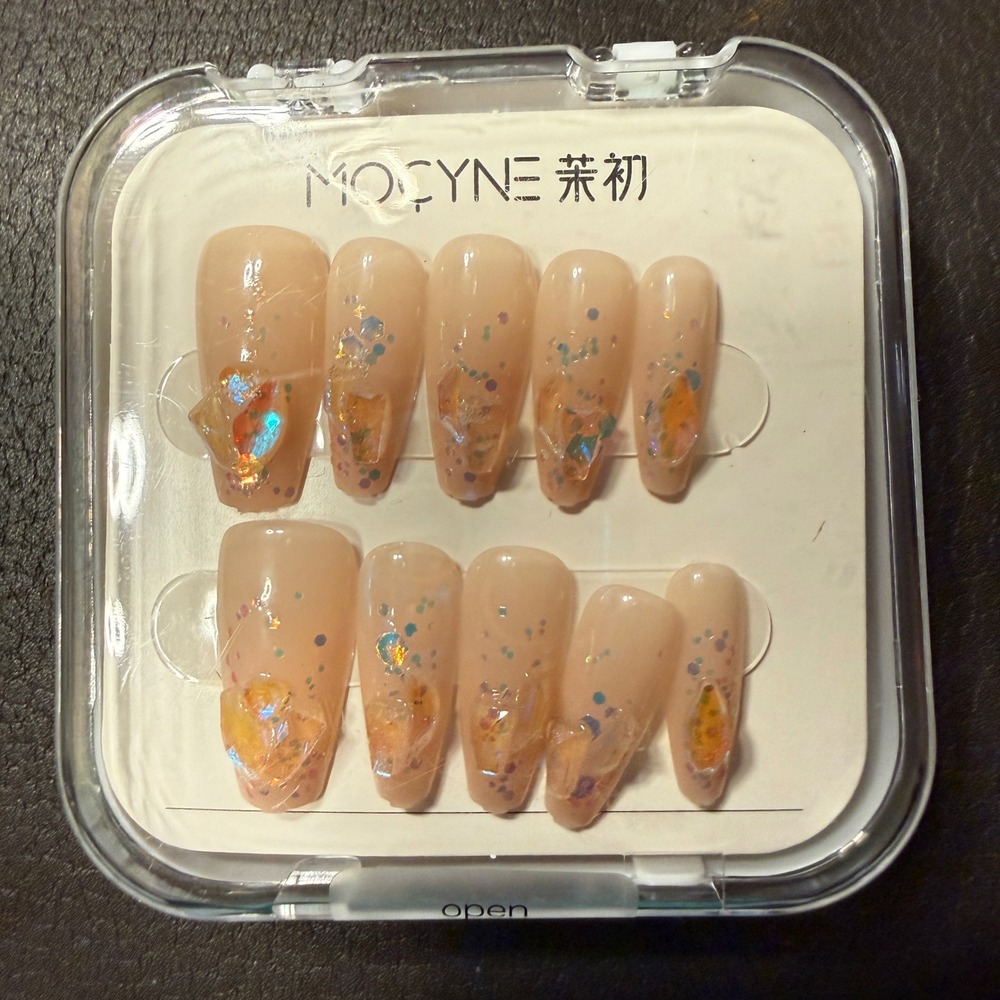 Mocyne 24pc Press On Nails NEW Nude Iridescent 3D Crystal Coffin Glitter